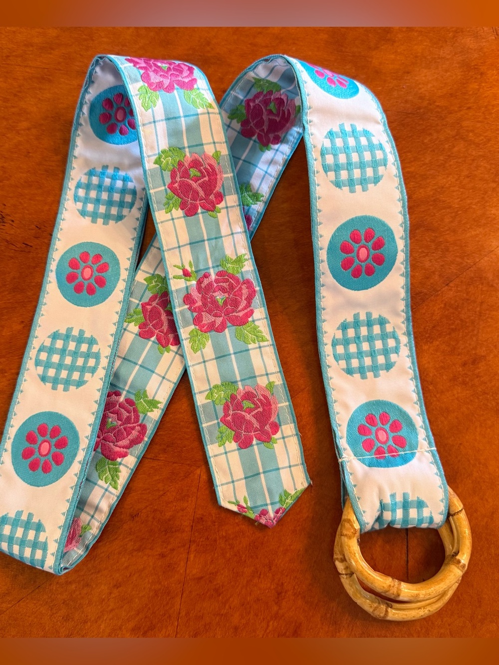 Floral Plaid Fabric Ribbon Belt with Double Bamboo O-Ring Buckle